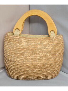 Natural Straw Tote Bag Wooden Handles & Gingham Lining Summer Beach nautical